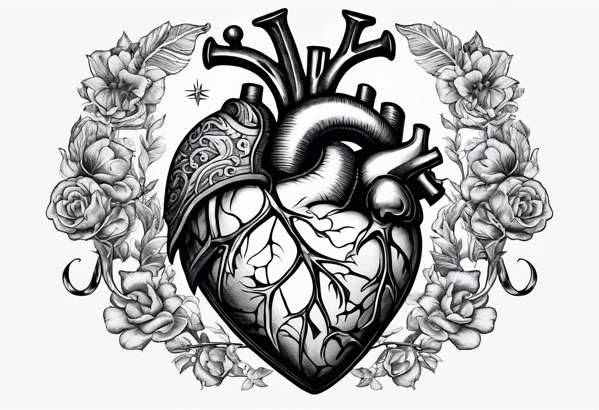 real looking anatomically correct heart that appears to be alive and pumping blood with an ancient anchor penetrating completely through it tattoo idea