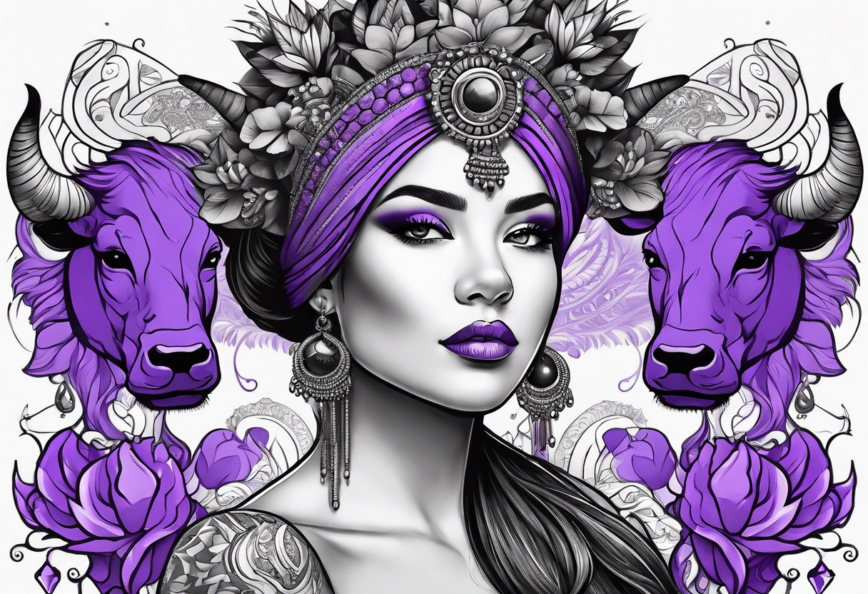 woman with bead headband show the whole body, standing next to a purple buffalo standing tattoo idea