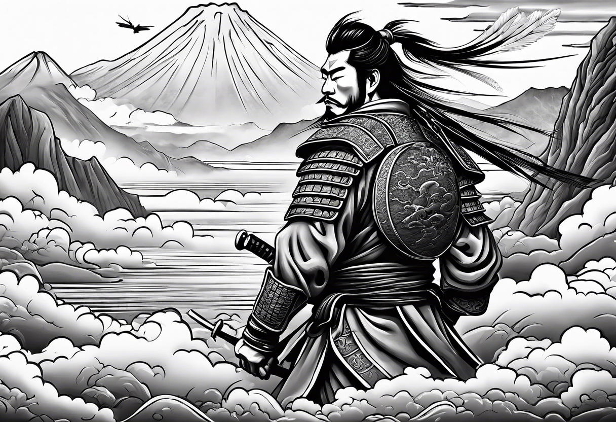 samurai flies among the clouds. beneath it is the ocean and mountains. next to him is war and love tattoo idea