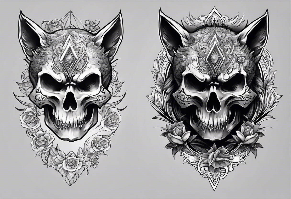 skull with wolf head on top tattoo idea