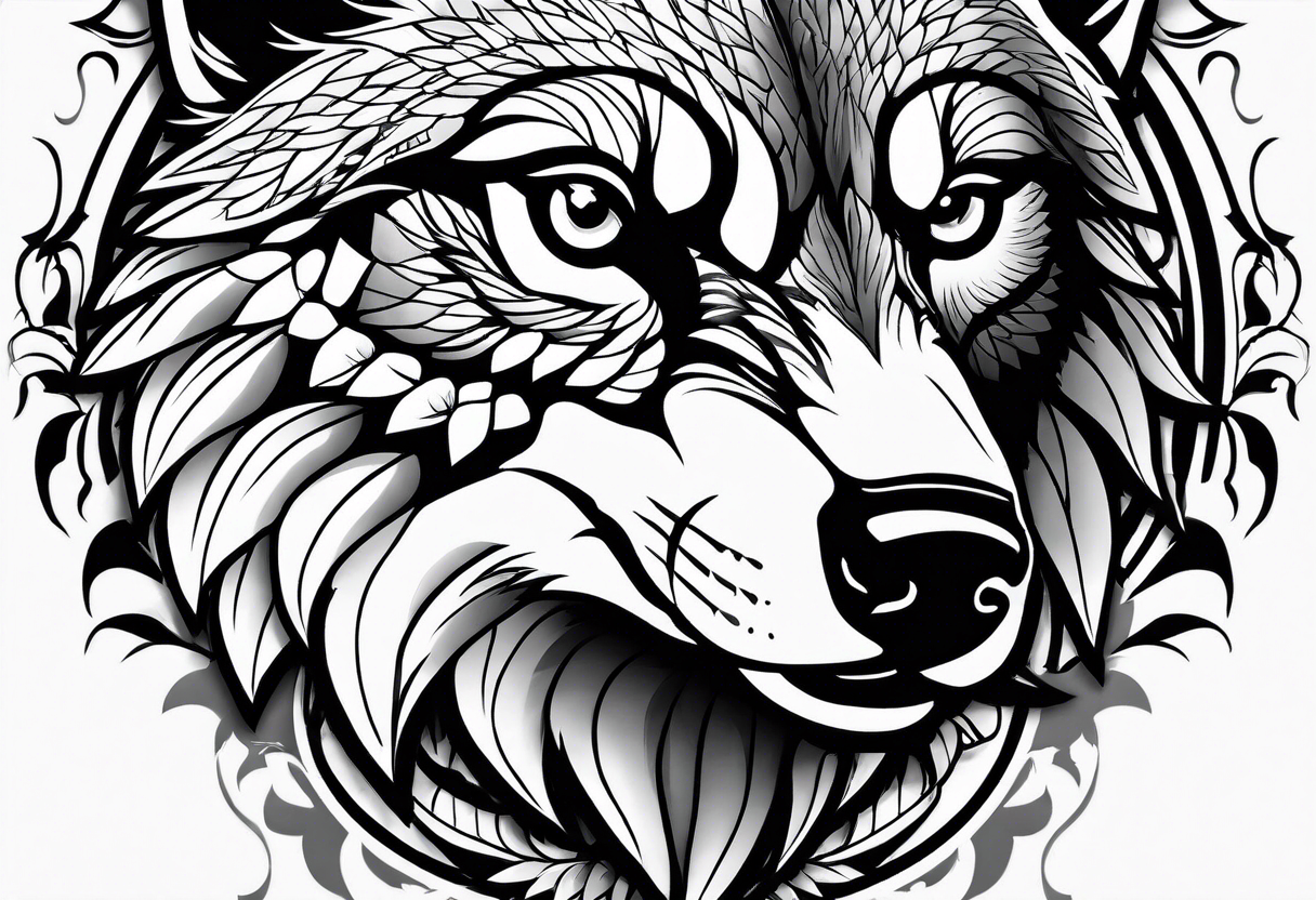 Black and grey tattoo of a Hawk beside a wolf in nature tattoo idea