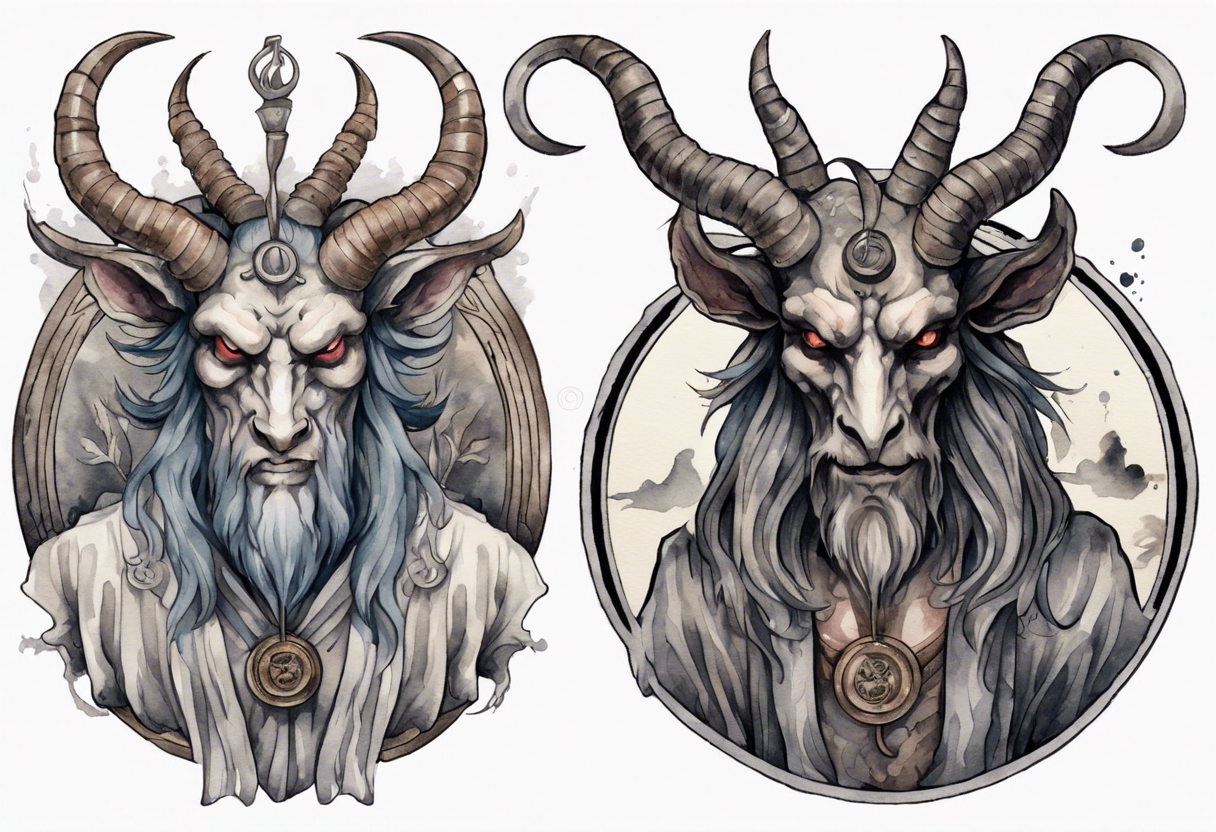 a barrel-chested Baphomet wearing a grey tunic tattoo idea