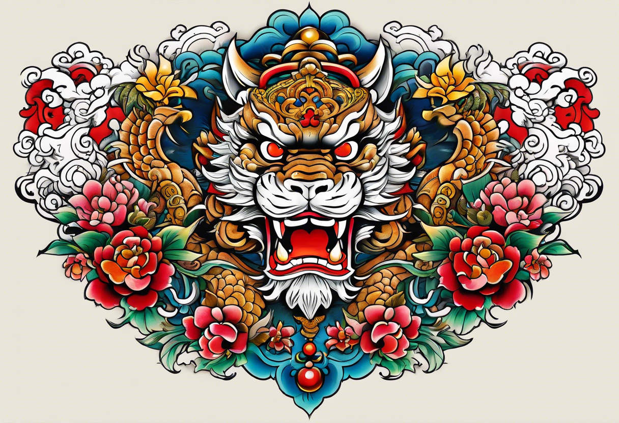 Pair of Okinawa shisa on chest. 1980s Yakuza style tattoo idea