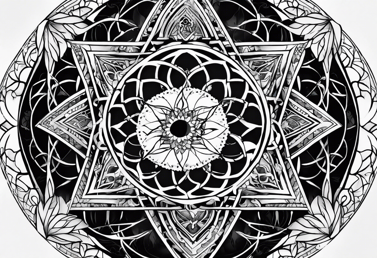 sleeve tattoo for women with symbols of sacred geometry: Metatron's cube, Kabbalah tree of life tattoo idea