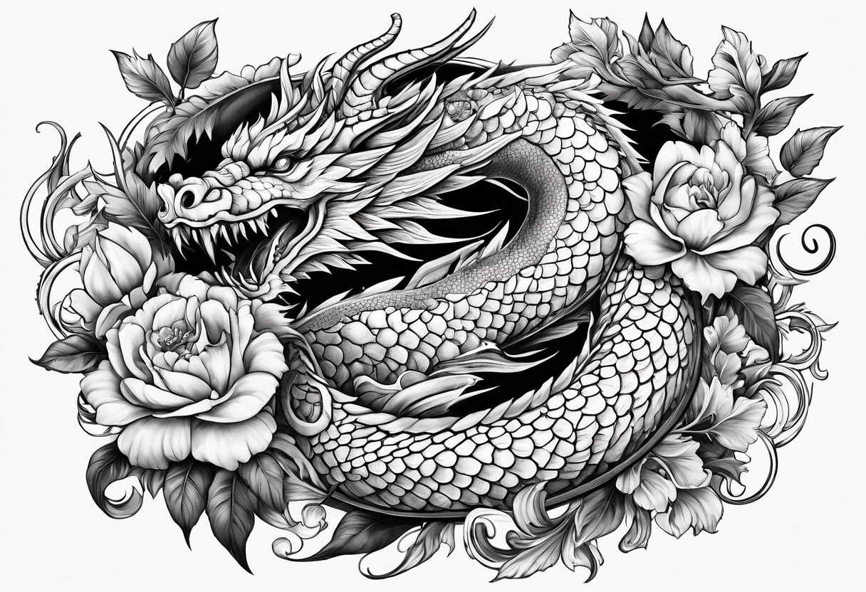 Drache mit Körper und mit Kirschblüten tattoo idea