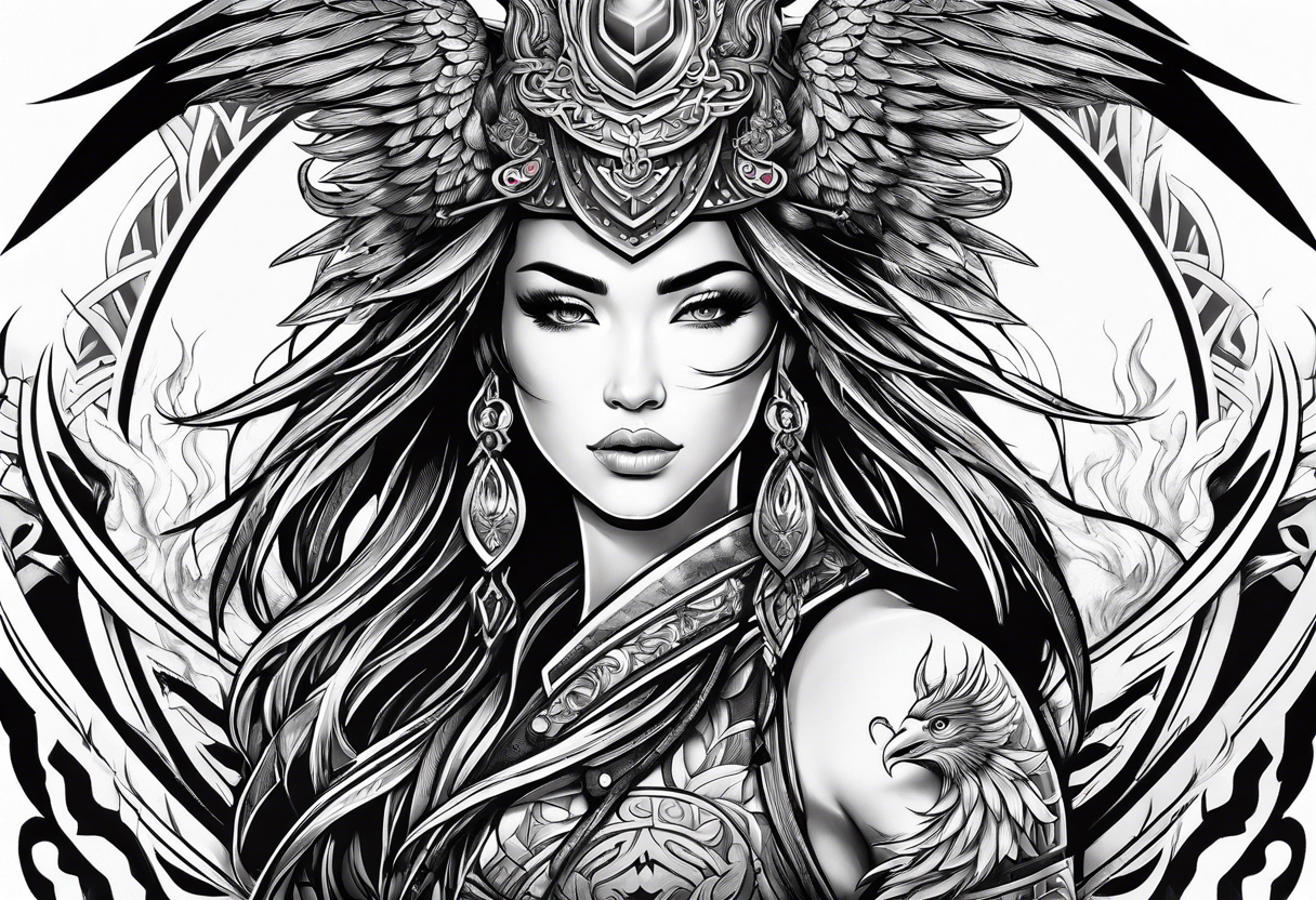female warrior with phoenix and weapons tattoo idea