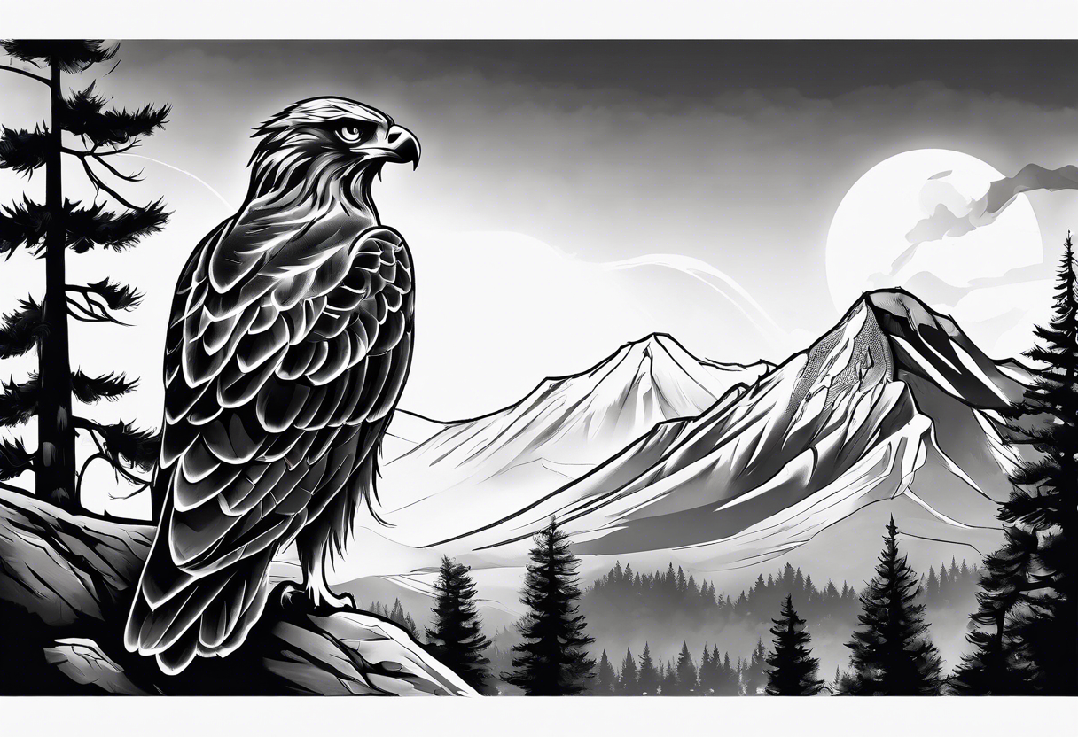 Black and grey tattoo of a Hawk beside a wolf in nature tattoo idea