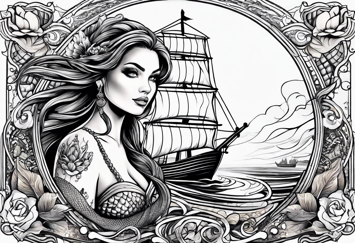 mermaid with galleon ship tattoo idea