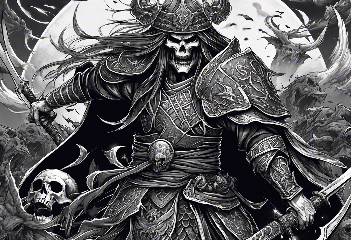 Undead Lich necromancer raising an army of the dead from the souls of dead samurai warriors on a battlefield tattoo idea