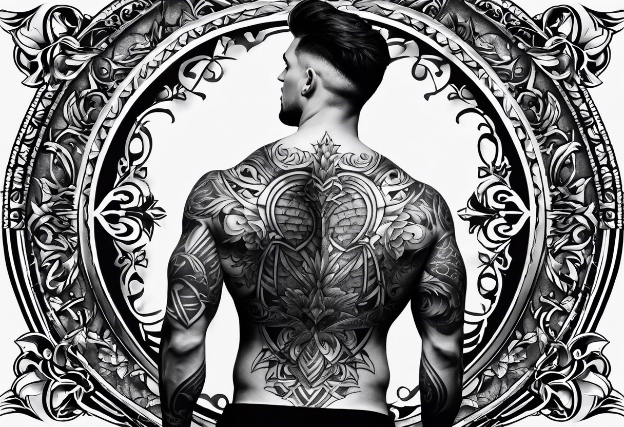 An aesthetic tattoo that is placed on the upper back of a male. It should represent catholic religion, discipline, pain, bodybuilding. tattoo idea