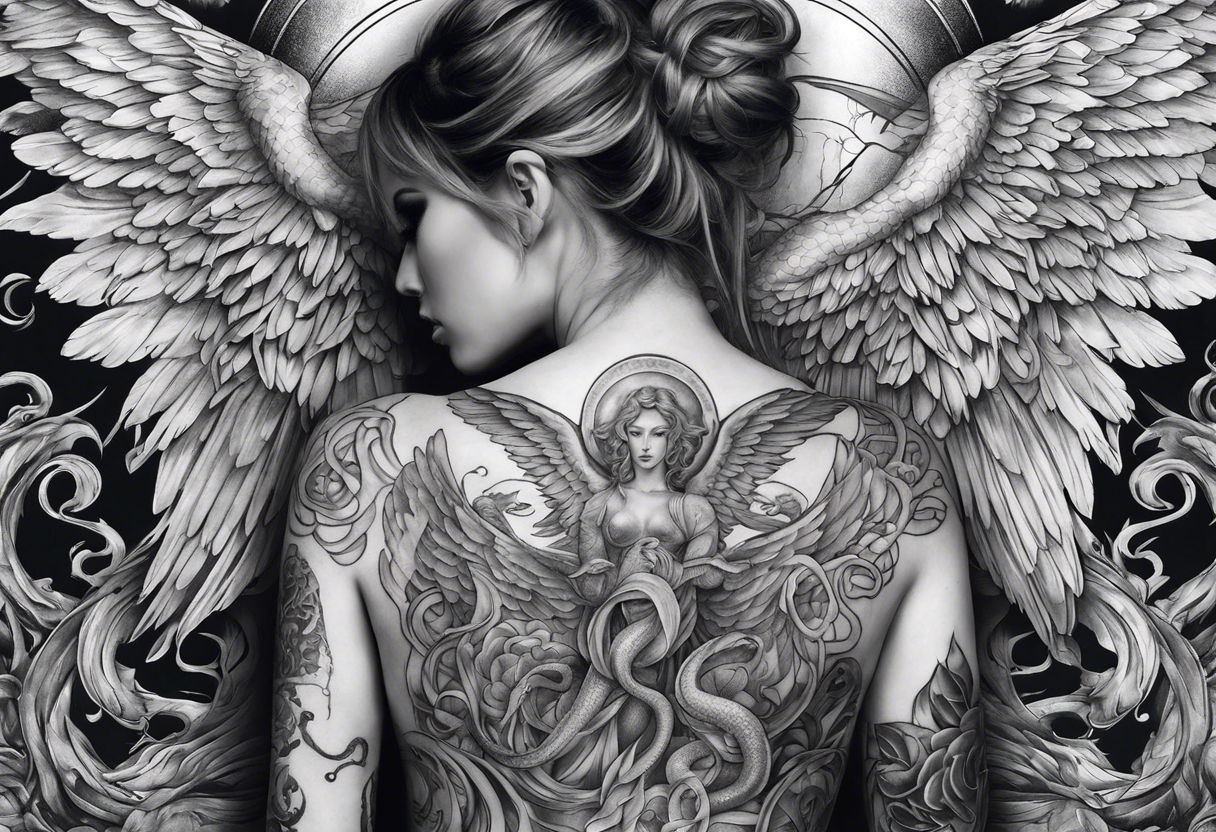 Full back piece depicting angels killing a snake tattoo idea