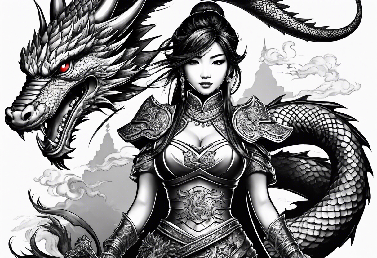 asian warrior princess with swords and a dragon partner tattoo idea