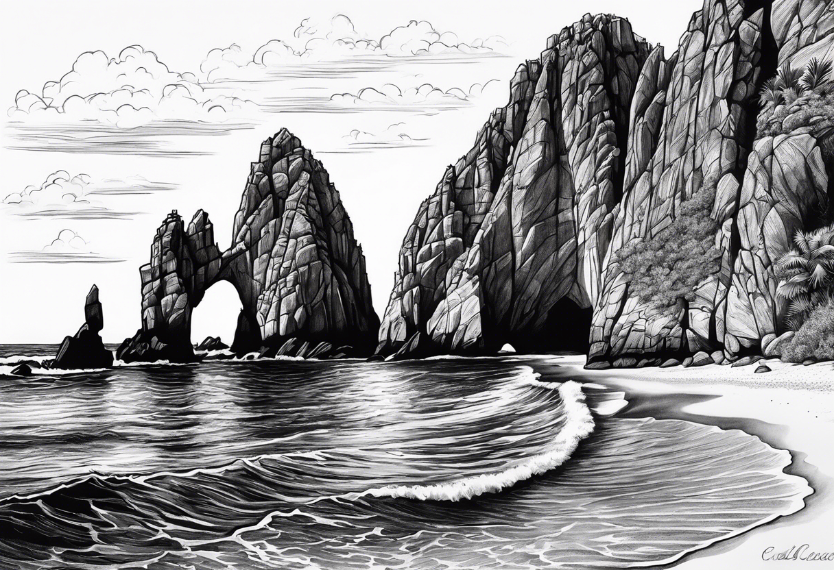 Cabo San Lucas beach with the famous rock formation overlooking ocean tattoo idea