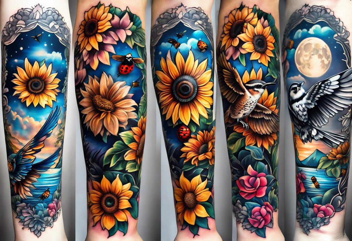 A lower forearm sleeve full colour mandala flowers, and owl, bees, pinecone, lady bugs. Moon sunflower honey suckle lighthouse blue Jay humming bird tattoo idea