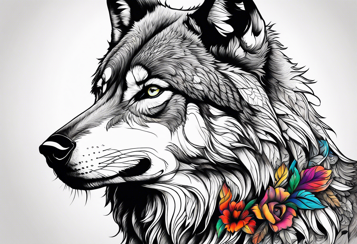 a colorful realistic wolf with a Raven tattoo idea