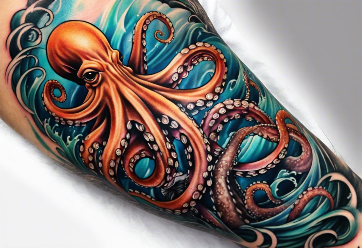 Full sleeve arm tattoo with octopus and sea scene tattoo idea