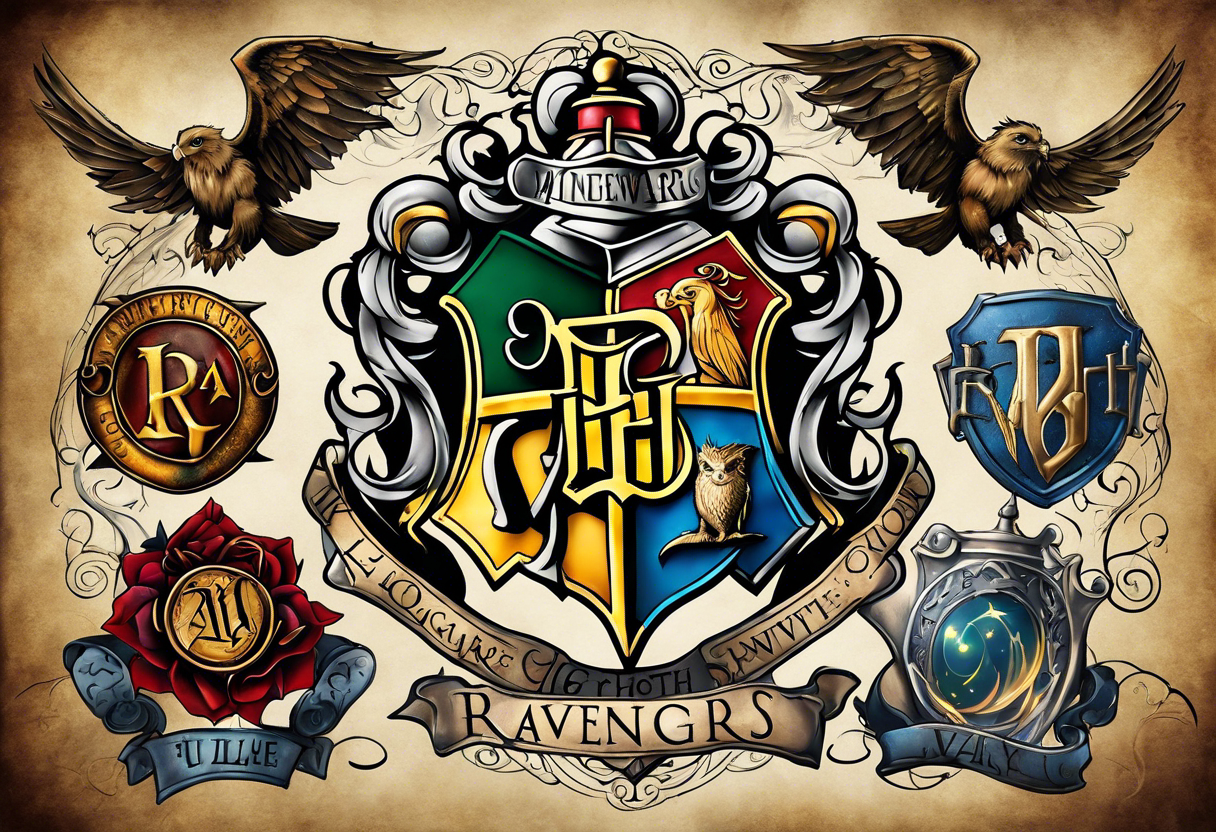 Harry Potter themed full sleeve. Include the Hogwarts castle, a golden snitch, the flying ford angler, the Ravenclaw house crest, and Luna Lovegood. tattoo idea