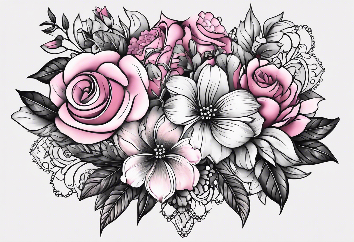 Floral leg piece with beading and lace tattoo idea. monochromatic pinks, old school flowers tattoo idea