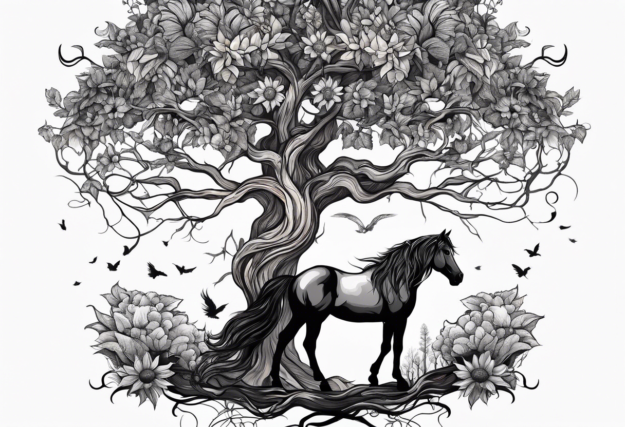 Yggdrasil tree, horse in front of it, and sunflowers tattoo idea