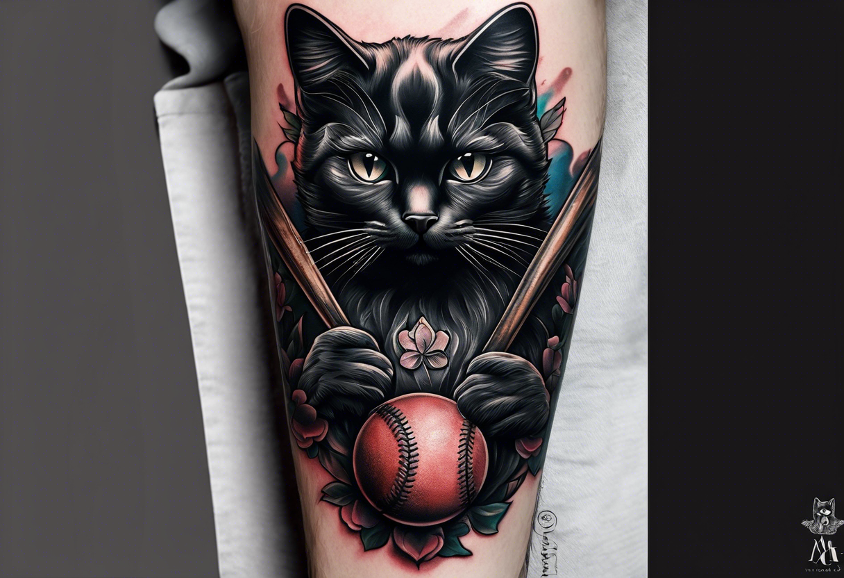 black cat hold a baseball bat on forearm tattoo idea