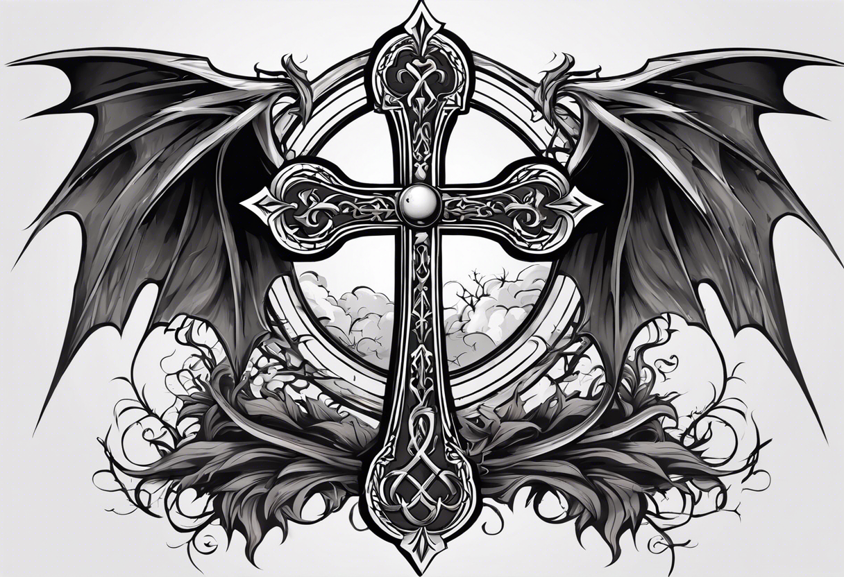 A Christian cross with sharp lower end imbedded into the ground that has roots growing from it. The cross is in the middle of two huge dragon wings. In the middle of the cross is an eye ball tattoo idea