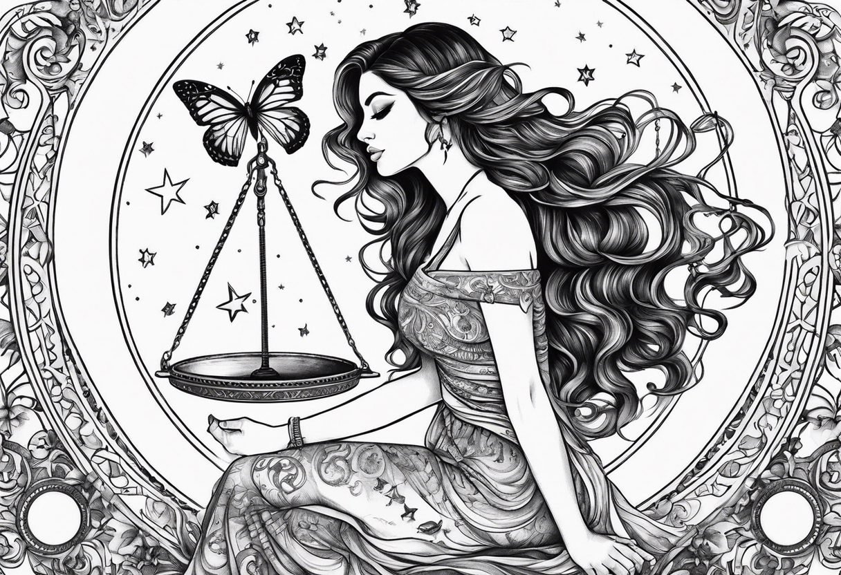 Beautiful woman with butterflies in her long wavy hair sitting on a half moon holding the libra scales with a moon and star background tattoo idea