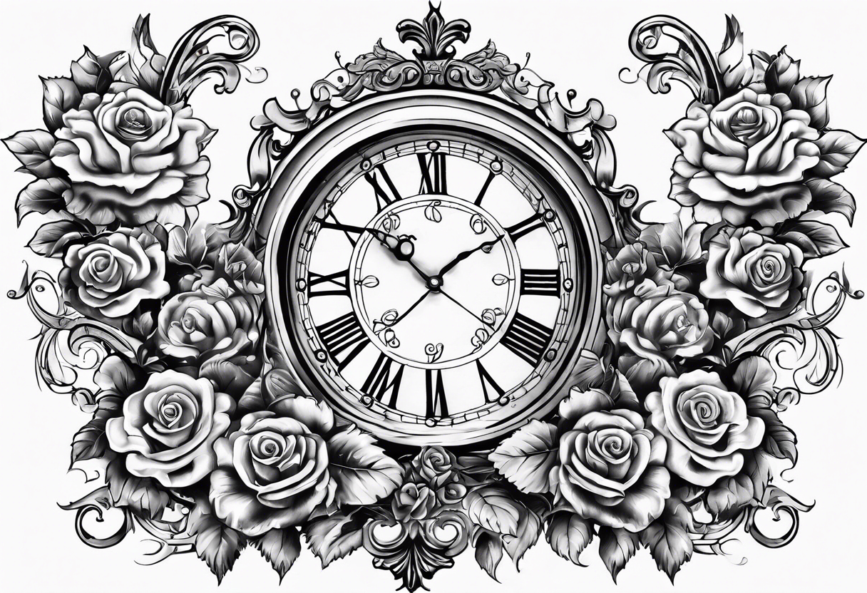 Half sleeve on arm of beautiful old fashion clock with roses, cherubs, angels, and the name chase Peter in a scroll tattoo idea