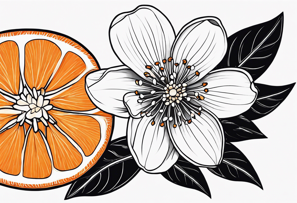 A single orange blossom next to a single orange slice. Simple line art tattoo idea