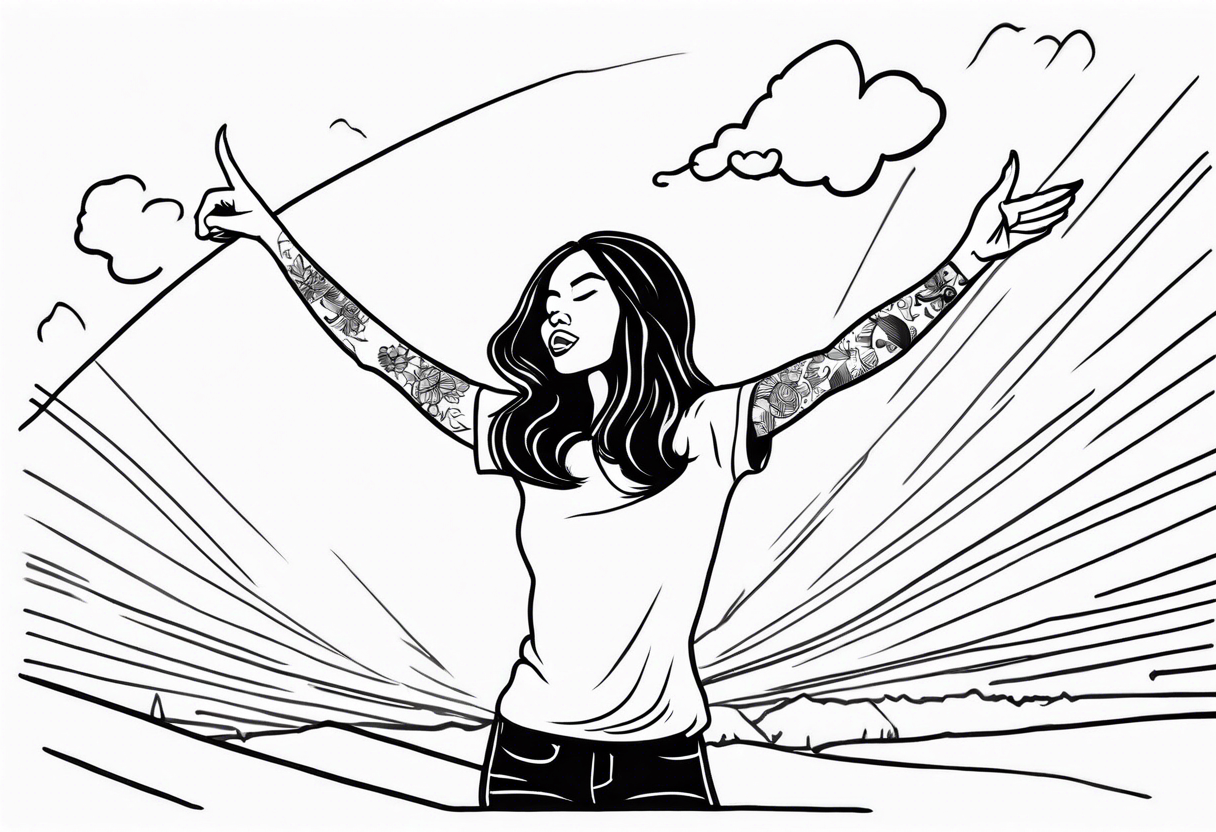 Silly. odd woman ugly dancing pointing her fingers up in the sky. tattoo idea