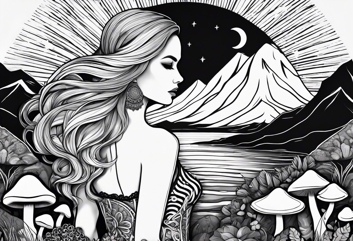 Straight blonde hair girl facing away toward mountains surrounded by mushrooms crescent moon mandala circular design black and white striped dress figure 8 tattoo idea