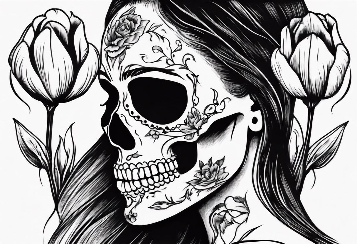 sideview of female skull with long open hair and tulip sign on neck and catrina painting, friendly mood tattoo idea