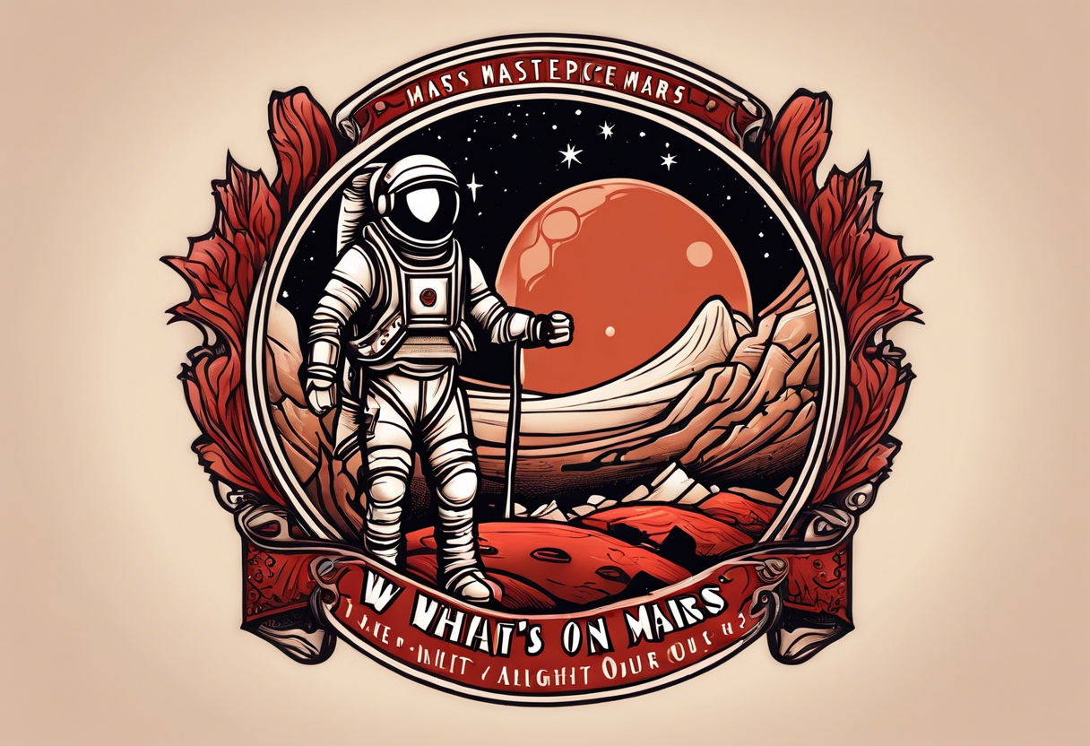 the planet mars with two stick figures holding hands on top of it, with the words "what's another night on mars, with friends like ours?" in a banner across tattoo idea