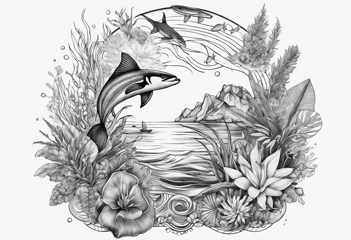 ocean arm tattoo with plants and sea life tattoo idea