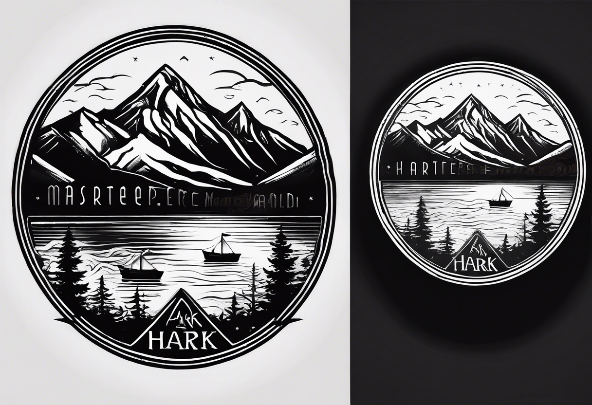 a road that is less traveled with a mountain and lake with the word "Hark" in a banner in a circle tattoo idea