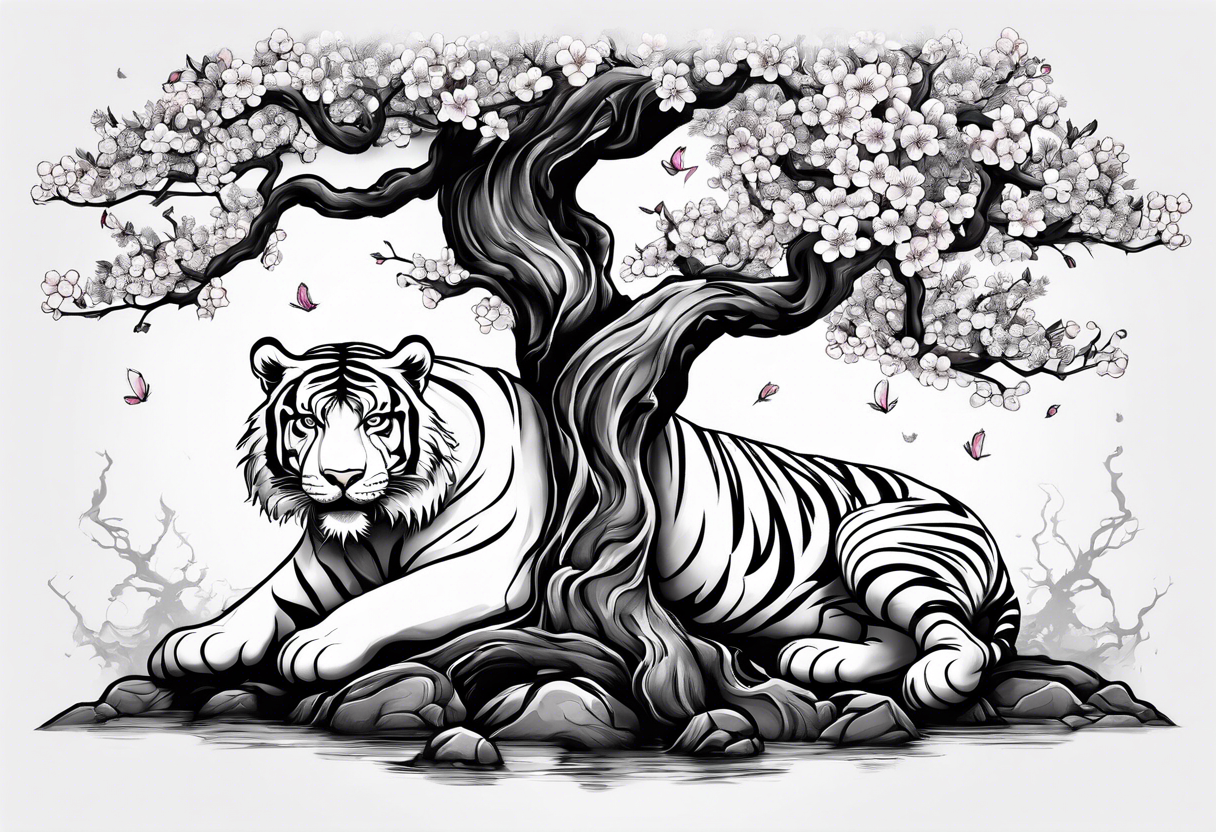 Twisted gnarly cherry blossom tree with tiger under it tattoo idea