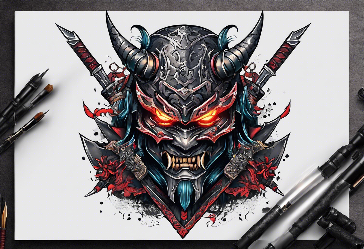 Angry robot demon ninja with demon mask with huge sword fighting in war tattoo idea