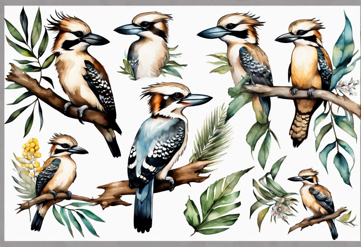 kookaburra sitting on wattle leaves tattoo idea