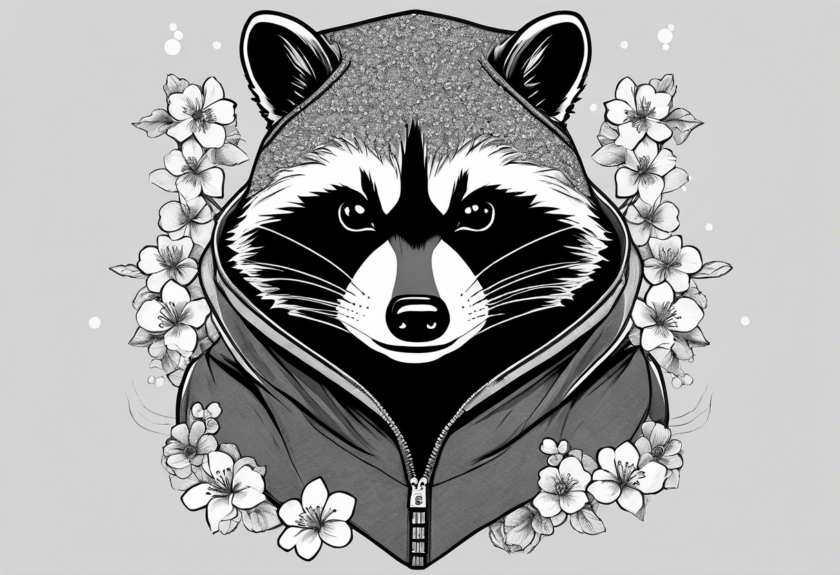 Raccoon wearing a Superman hoodie and Japanese cherry blossoms tattoo idea