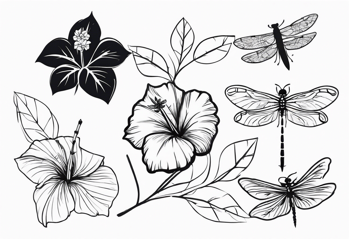 bamboo branch, monstera leaf, hibiscus flower, small barbed wire dragonfly tattoo idea