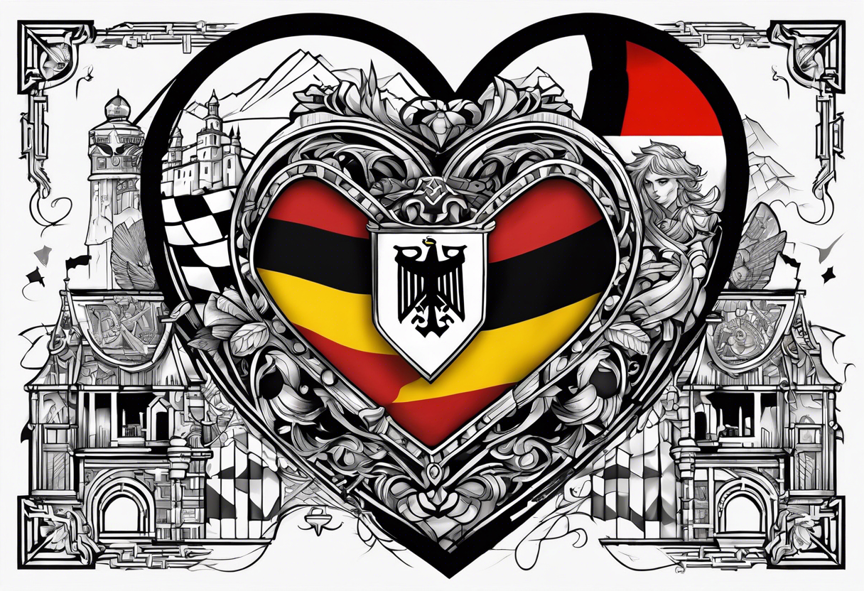 A geometric lined heart encased in the flag of Germany and North Carolina surrounded by characters from Zelda, Final Fantasy 8, and Howel's Moving Castle. tattoo idea