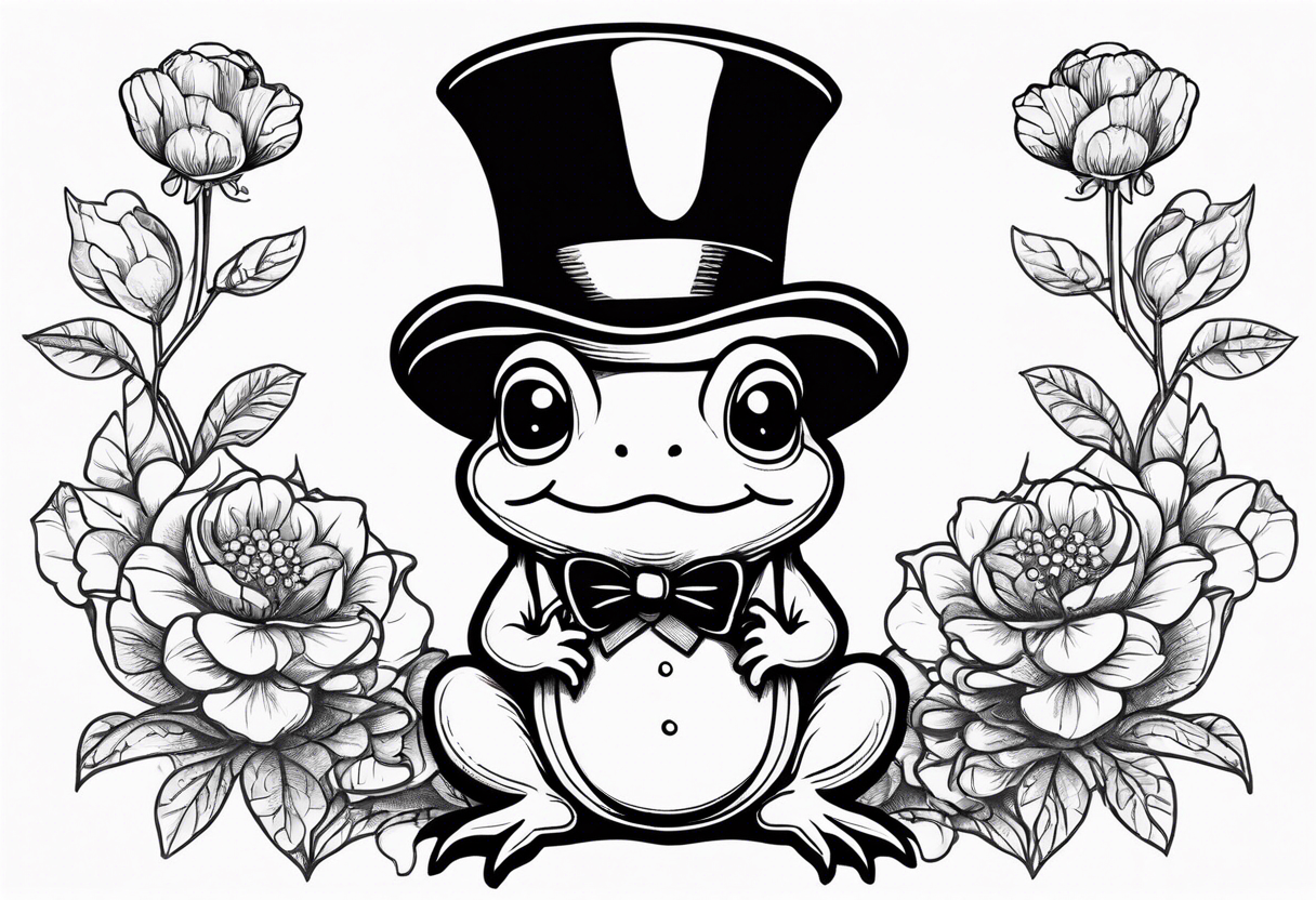 Cute toad wearing top hat and a suit standing on its Back legs while holding flowers tattoo idea