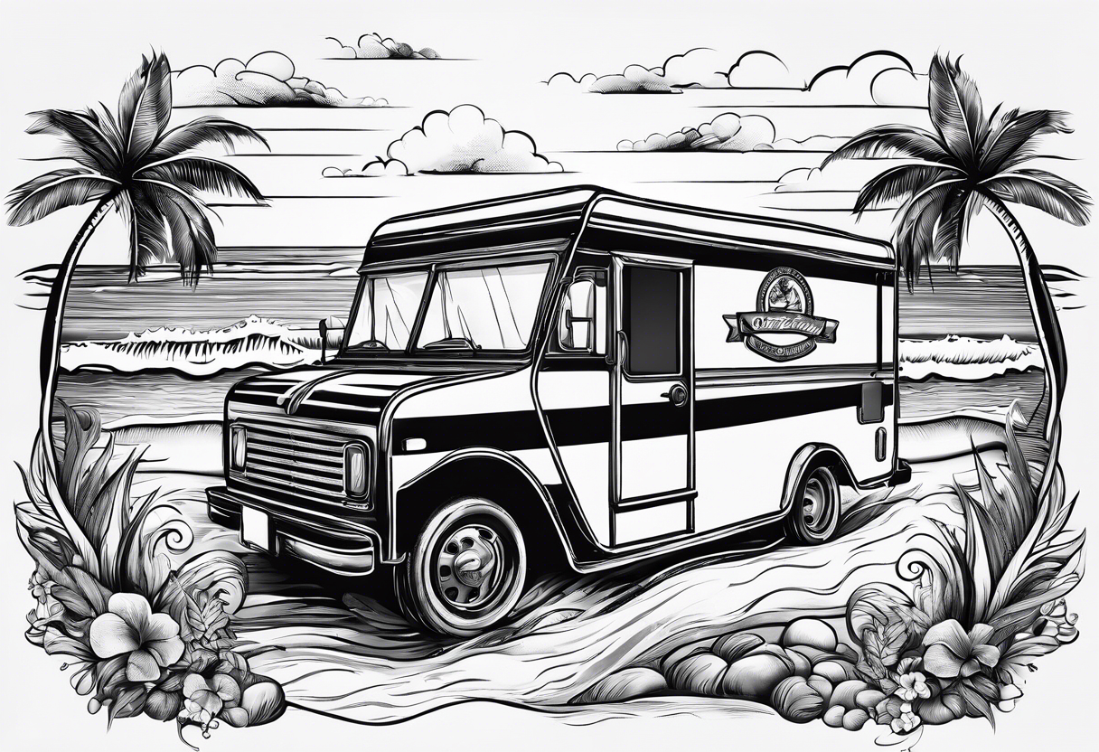 Coffee mug with beach scene on it for coffee truck logo tattoo idea