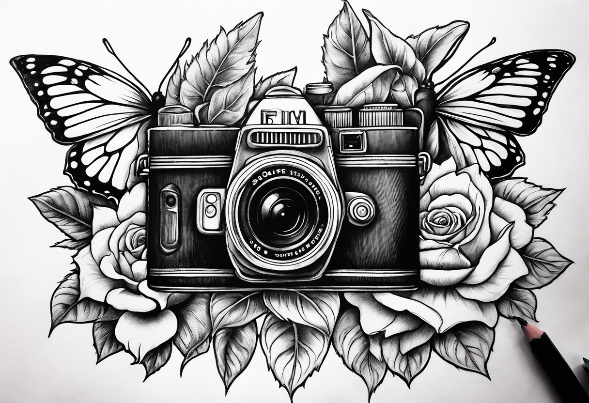 Book, sunflower, camera, butterfly, flower rose tattoo idea