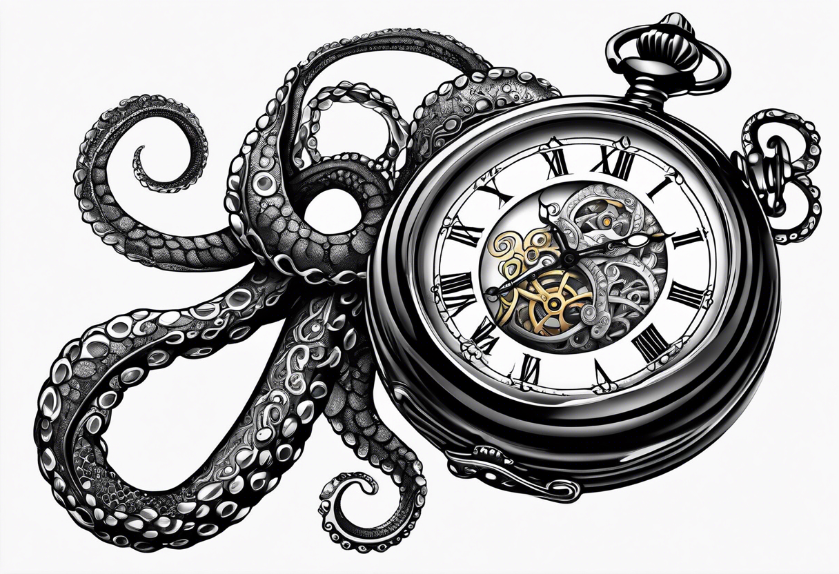 pocket watch wrapped under an aggressive octopus, side perspective tattoo idea