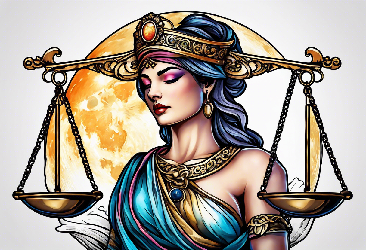 Themis holding the scales of justice while blindfolded with a moon in the background in color tattoo idea