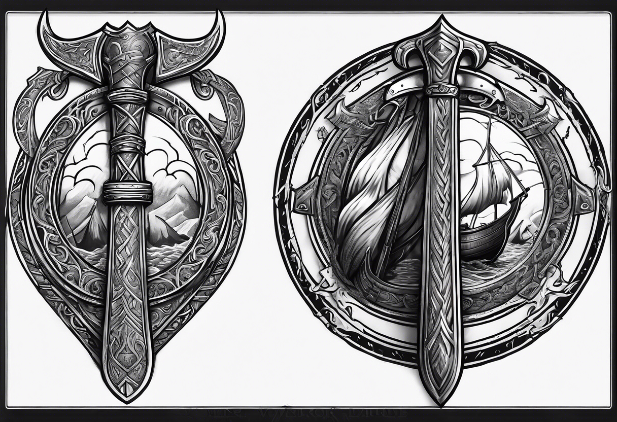 cool viking themed sleave on whole right arm ship axe shield tattoo idea