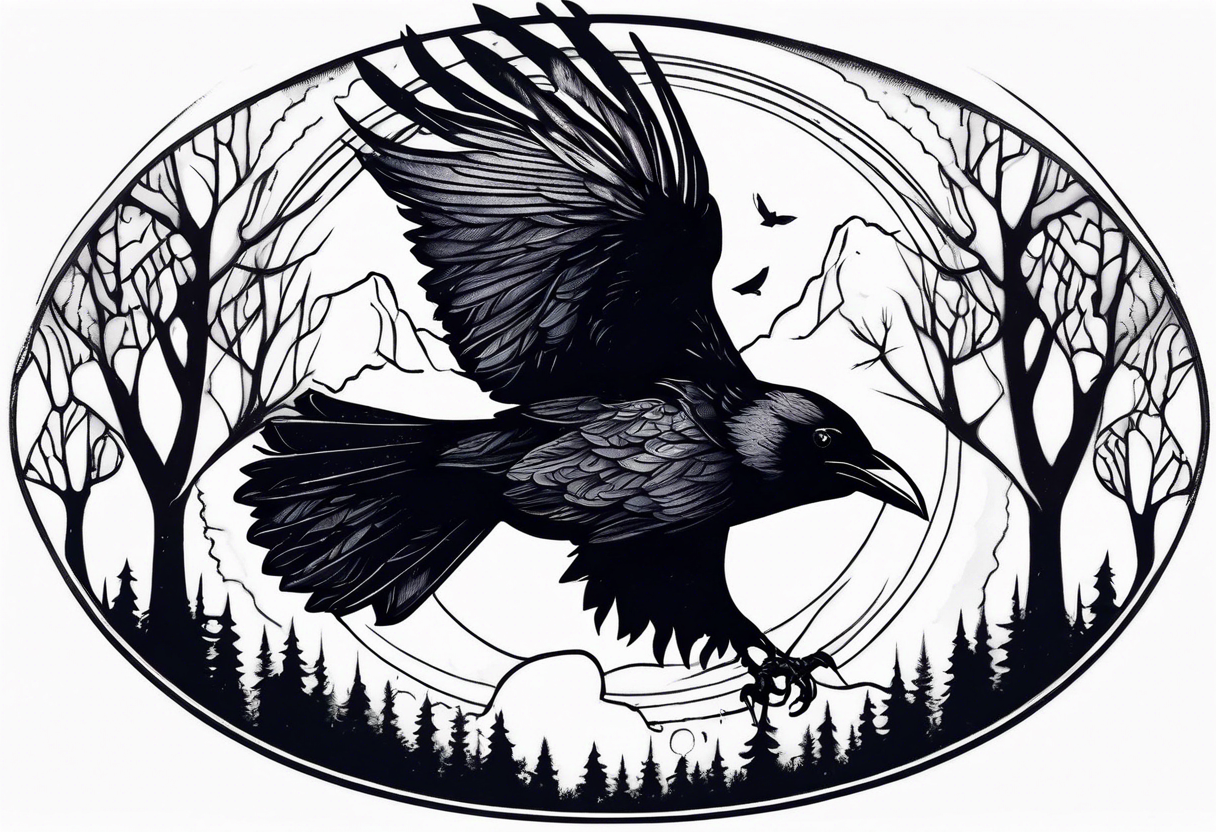 Raven diving, occult, mystical, knowing, light behind its eyes, ethereal, night sky and trees in the background tattoo idea