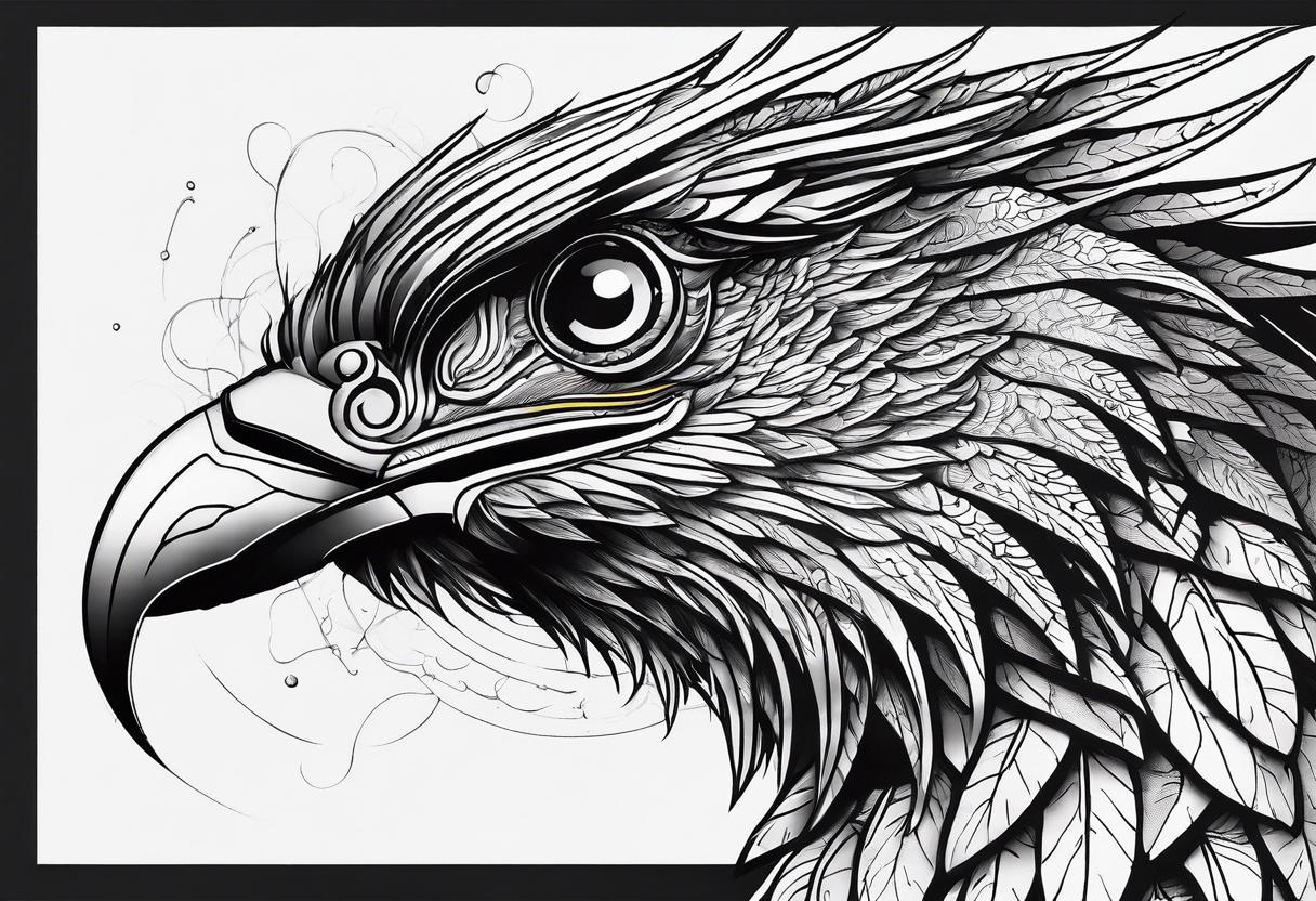 Cyberpunk Quetzal that has cybernetic neurons coming from the bottom. tattoo idea