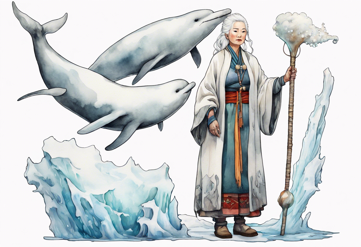 a 40 year old Sami woman with white hair and a white robe holding a long white narwhal horn, standing on an iceberg tattoo idea