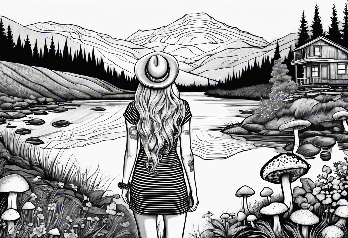 Straight long blonde hair hippie girl in distance holding mushrooms in hand facing away toward mountains and creek surrounded by mushrooms black and white striped dress tattoo idea